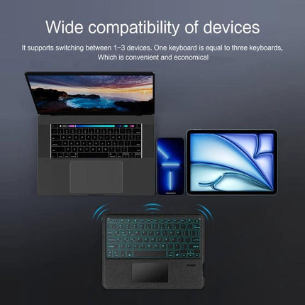 Leather Detachable Bluetooth Keyboard Case for iPad with Backlight and Pen Slot showing wide compatibility with laptop, phone and tablet, detachable backlit keyboard