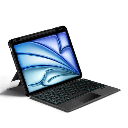 Leather Detachable Bluetooth Keyboard Case for iPad with Backlight and Pen Slot shown open with backlit keys, removable keyboard and pen slot