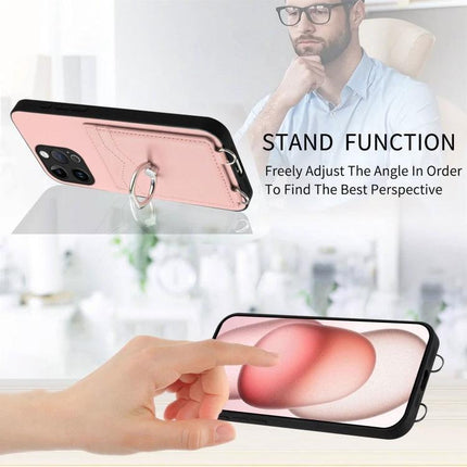 Phone Case With R20 Ring Holder Card Wallet in pink showing ring stand, card slots and hands-free viewing