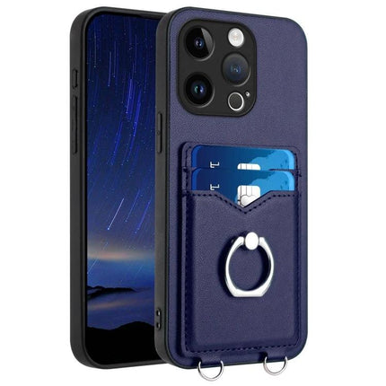 Phone Case With R20 Ring Holder Card Wallet navy PU TPU protective case with two card slots and silver ring grip