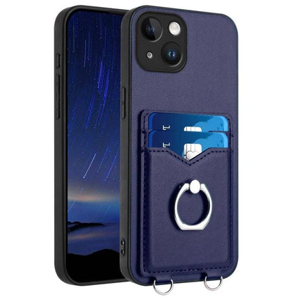 Ring Phone Case With Card Storage For Daily Errands navy leather case with ring grip and two card slots
