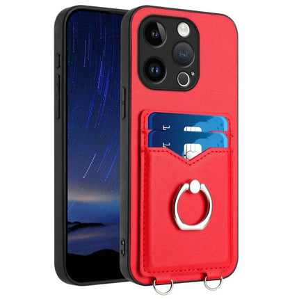 Ring Phone Case With Card Storage For Daily Errands showing red case with ring grip, two card slots holding cards and built-in stand