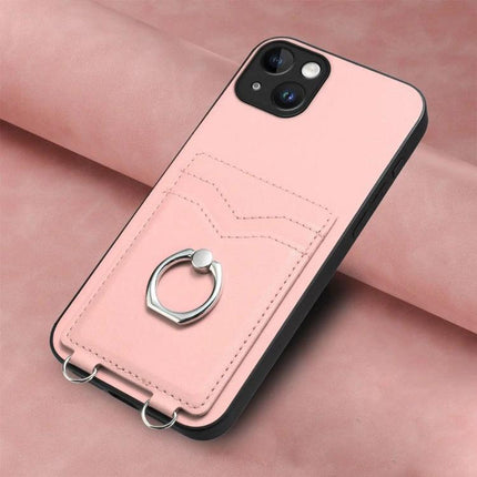 Ring Phone Case With Card Storage For Daily Errands - pink leather-look case with dual card slots and metal ring grip/stand