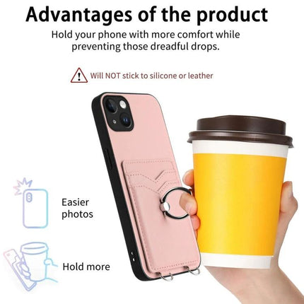 Ring Phone Case With Card Storage For Daily Errands shown in pink with ring grip holding coffee cup and two card slots