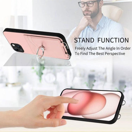 Ring Phone Case With Card Storage For Daily Errands pink protective case with ring stand and dual card slots shown in hands-free viewing