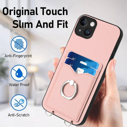Ring Phone Case With Card Storage For Daily Errands in pink with dual card slots and metal ring grip/stand, slim anti-fingerprint waterproof anti-scratch design