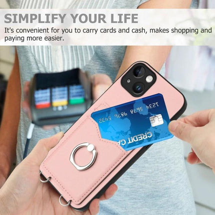 Ring Phone Case With Card Storage For Daily Errands - pink protective case with ring and two card slots holding a credit card for errands