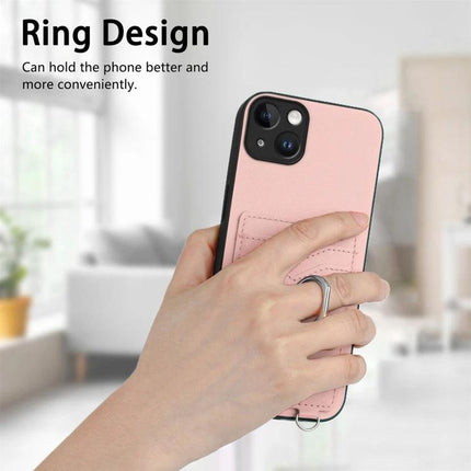 Ring Phone Case With Card Storage For Daily Errands shown in pink with built-in ring grip and two card slots held in hand
