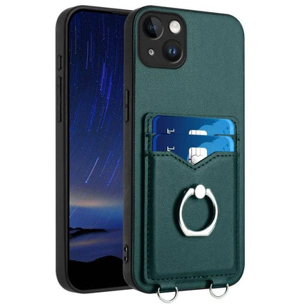 Ring Phone Case With Card Storage For Daily Errands - green leather-look case with dual card slots and metal ring grip/stand