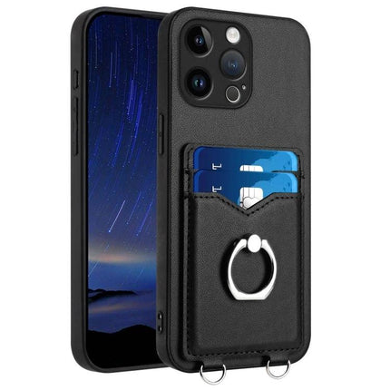 Ring Phone Case With Card Storage For Daily Errands - black leather case with ring grip and two card slots shown holding cards