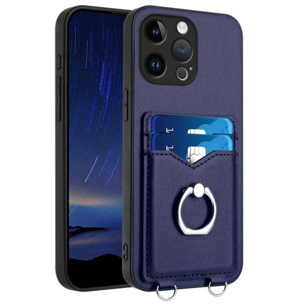 Ring Phone Case With Card Storage For Daily Errands - navy leather-look case with ring, two card slots and kickstand for hands-free use