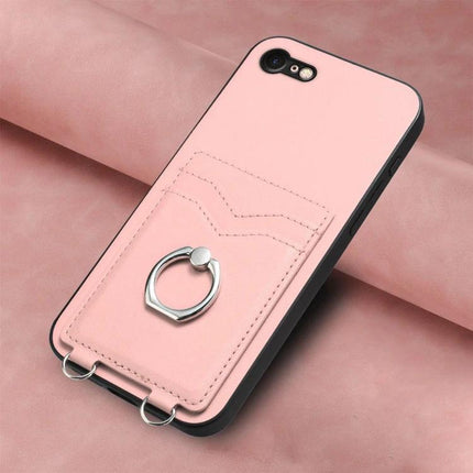 Phone Case With Ring Stand For Daily Use - pink card-slot phone case with metal ring stand and dual card pockets