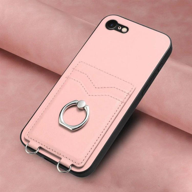 Phone Case With Ring Stand For Daily Use - pink card-slot phone case with metal ring stand and dual card pockets