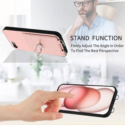Phone Case With Ring Stand For Daily Use showing pink case with ring stand and card slots, hands‑free viewing and touch interaction