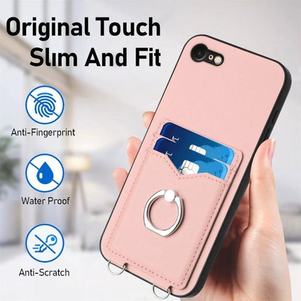 Phone Case With Ring Stand For Daily Use showing pink slim wallet case with two card slots and silver finger ring stand