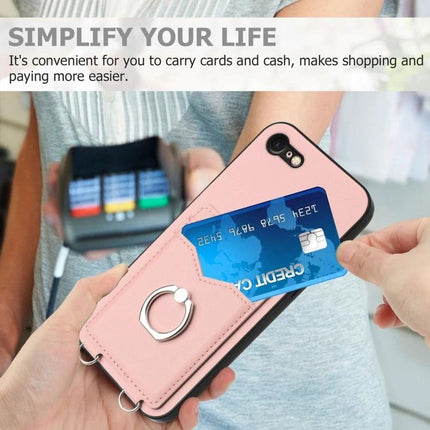 Phone Case With Ring Stand For Daily Use - pink wallet case with ring and two card slots showing credit card being removed, hands-free stand and secure storage