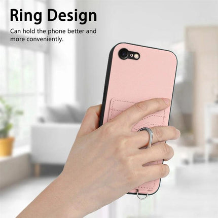 Phone Case With Ring Stand For Daily Use showing pink case with ring, card slots and hand holding phone for hands-free viewing