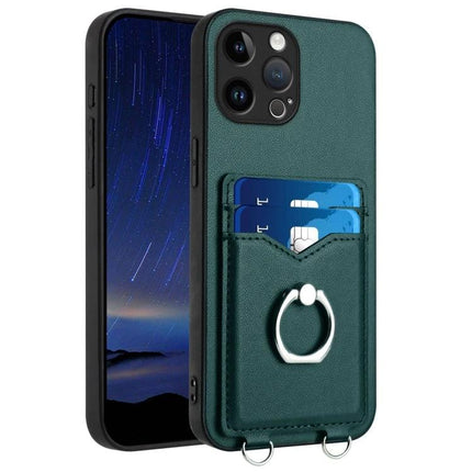 Phone Case With Ring Stand For Daily Use - green leather card-slot phone case with metal ring stand and two-card pockets