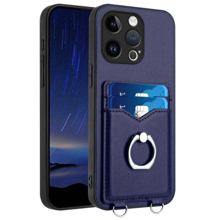 Phone Case With Ring Stand For Daily Use — navy leather wallet case with two card slots and metal finger ring stand