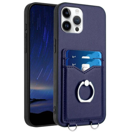 Practical Ring Phone Case With Card Storage For On The Go - navy leather card slot, metal ring stand and dual card holders