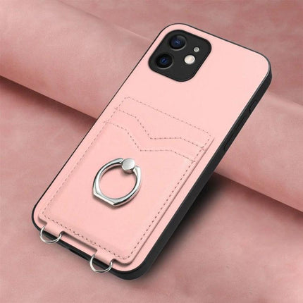 Everyday Phone Case With Ring and Card Holder in pink PU with two card slots and metal ring stand, durable protective design