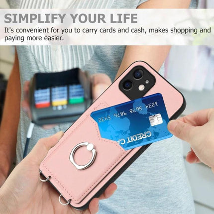 Everyday Phone Case With Ring and Card Holder showing pink case with built-in ring stand and two card slots holding a credit card