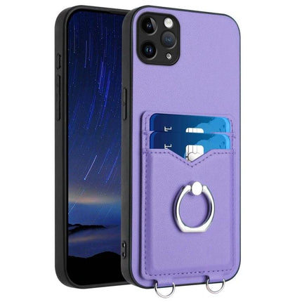 Everyday Phone Case With Ring and Card Holder in purple showing built-in two card slots, metal ring stand and durable PU shell