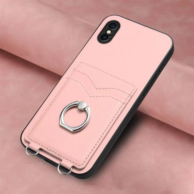 Phone Case With Card Holder Ring For Everyday Carry – slim pink PU case with TPU bumper, card slots and metal ring stand for hands-free viewing
