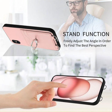 Phone Case With Card Holder Ring For Everyday Carry shown in rose with ring stand supporting hands-free viewing and slim PU TPU protection