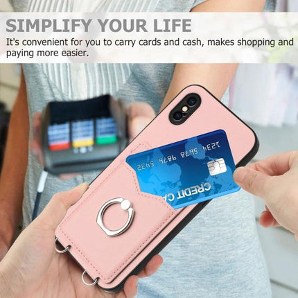 Phone Case With Card Holder Ring For Everyday Carry slim pink PU case with card slot and ring stand showing credit card being inserted
