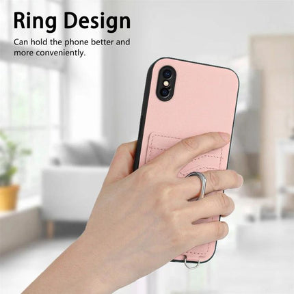Phone Case With Card Holder Ring For Everyday Carry shown in pink PU with ring stand and slim TPU bumper for hands-free viewing and card storage