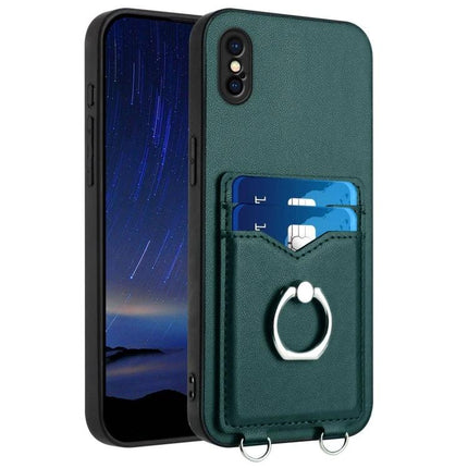 Phone Case With Card Holder Ring For Everyday Carry - slim green PU case with TPU bumper, card pocket, metal ring stand and D-rings