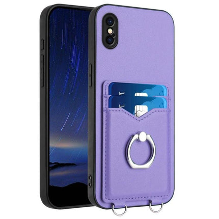 Phone Case With Card Holder Ring For Everyday Carry slim purple PU case with card pocket and metal ring stand