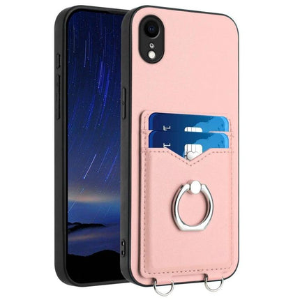 Phone Case With Card Holder Ring For Everyday Carry - slim pink PU case with card pocket and metal ring stand