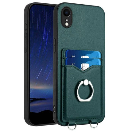 Phone Case With Card Holder Ring For Everyday Carry — slim green PU wallet case with ring stand and dual card slots