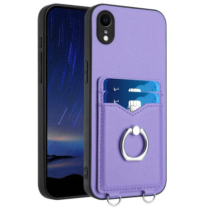 Phone Case With Card Holder Ring For Everyday Carry slim purple PU case with ring stand and card pocket