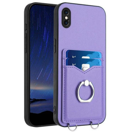 Phone Case With Card Holder Ring For Everyday Carry - slim purple PU case with card pocket and metal ring stand for hands-free viewing
