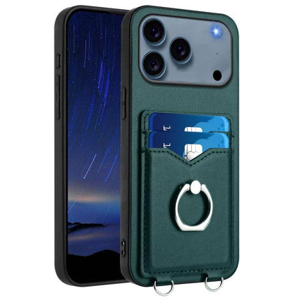 Phone Case With Card Slots For Everyday Carry featuring two card slots, metal ring stand and secure grip in green leather-style protective case