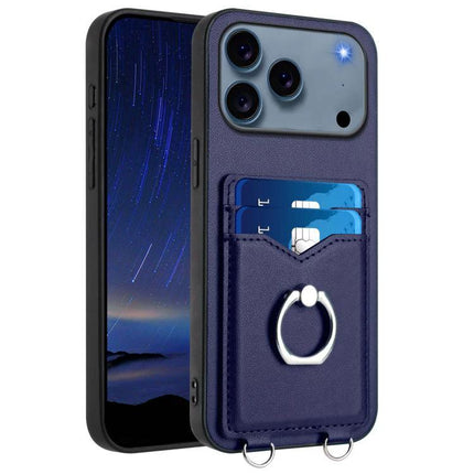 Phone Case With Card Slots For Everyday Carry - navy leather look case with ring stand and two card slots for hands-free use