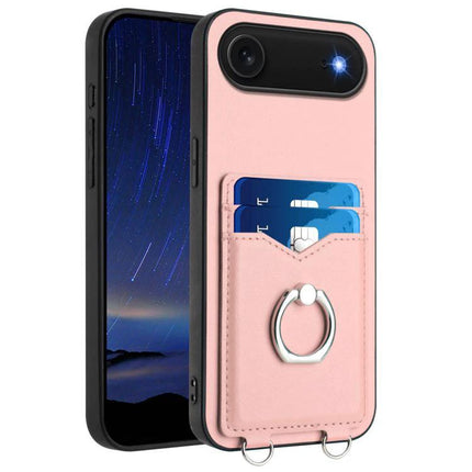 Phone Case With Card Slots For Everyday Carry - pink wallet-style case with two card slots and ring stand for hands-free use