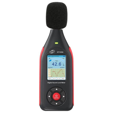 Benetech Decibel Meter for Everyday Sound Level Monitoring - handheld digital sound level meter showing 42.6 dB on display, windscreen mic, black and red