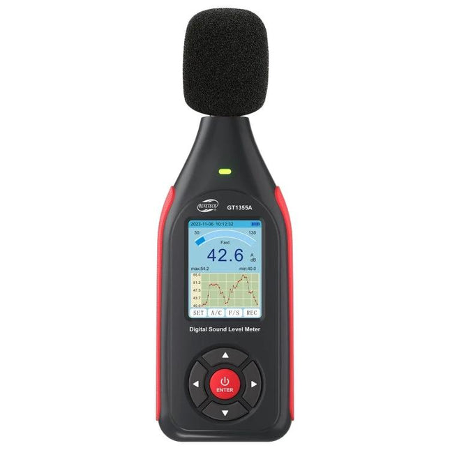Benetech Decibel Meter for Everyday Sound Level Monitoring - handheld digital sound level meter showing 42.6 dB on display, windscreen mic, black and red