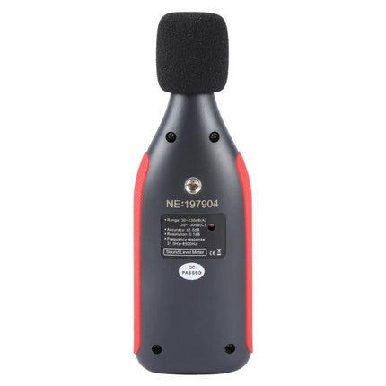 Benetech Decibel Meter for Everyday Sound Level Monitoring showing rear view with foam windscreen and measurement range label