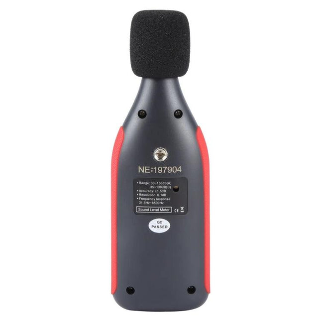 Benetech Decibel Meter for Everyday Sound Level Monitoring showing rear view with foam windscreen and measurement range label