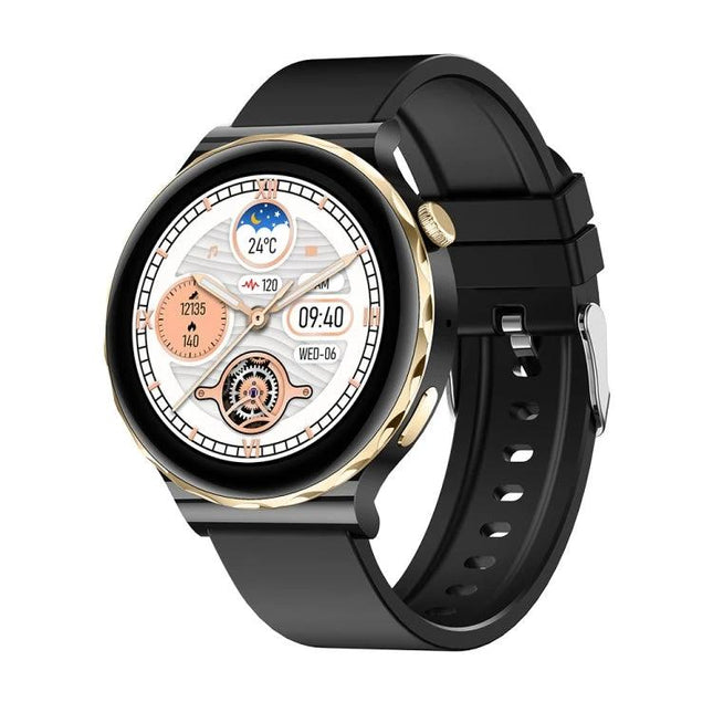 LEMFO Smart Watch for Daily Health and Activity Tracking - black smartwatch with gold bezel showing heart rate, steps, weather and notifications