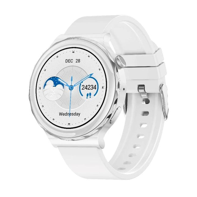LEMFO Smart Watch for Daily Health and Activity Tracking - white smartwatch showing step count, heart rate icon, date and notifications on round display