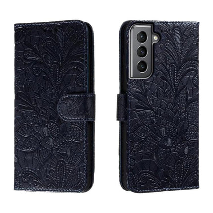 Samsung Leather Flip Case For Everyday Phone Protection And Quick On The Go Access - navy embossed PU leather wallet case with reinforced corners and camera cutout