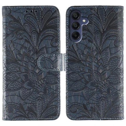 Protective Flip Case for Samsung Galaxy Everyday Use - navy floral embossed wallet case with magnetic flip cover and camera cutout