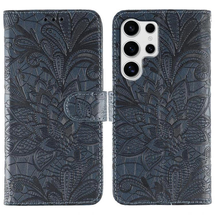 Samsung Leather Flip Case For Everyday Phone Protection And Quick On The Go Access - navy embossed floral PU leather wallet cover, 360° corner protection