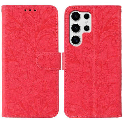 Samsung Leather Flip Case For Everyday Phone Protection And Quick On The Go Access - red embossed PU leather wallet case with reinforced corners and camera cutout